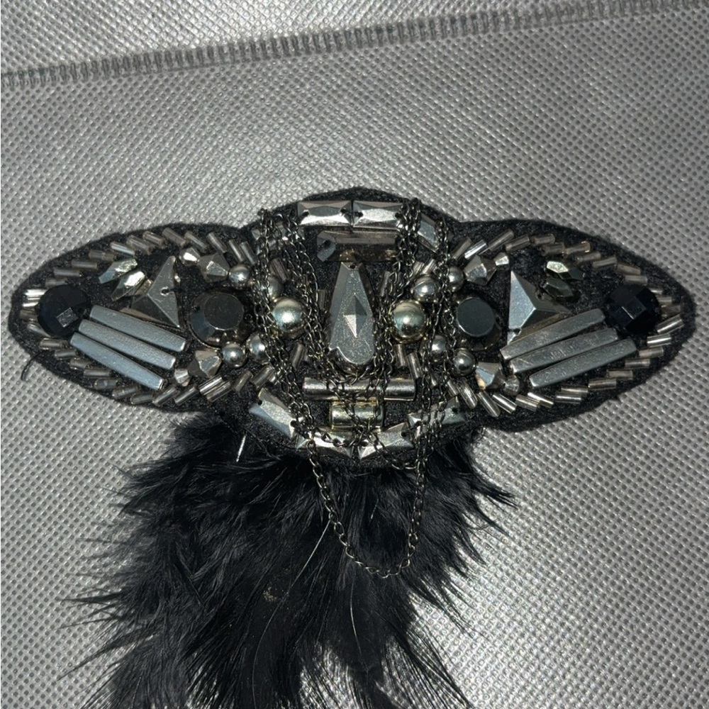 Black and Silver Beaded Brooch with Feathers